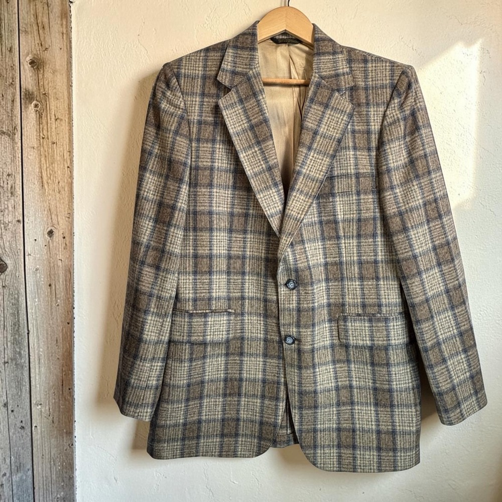 Vintage 70s Blazer Johnny Carson 40R Tan Blue Plaid Flannel Partially Lined